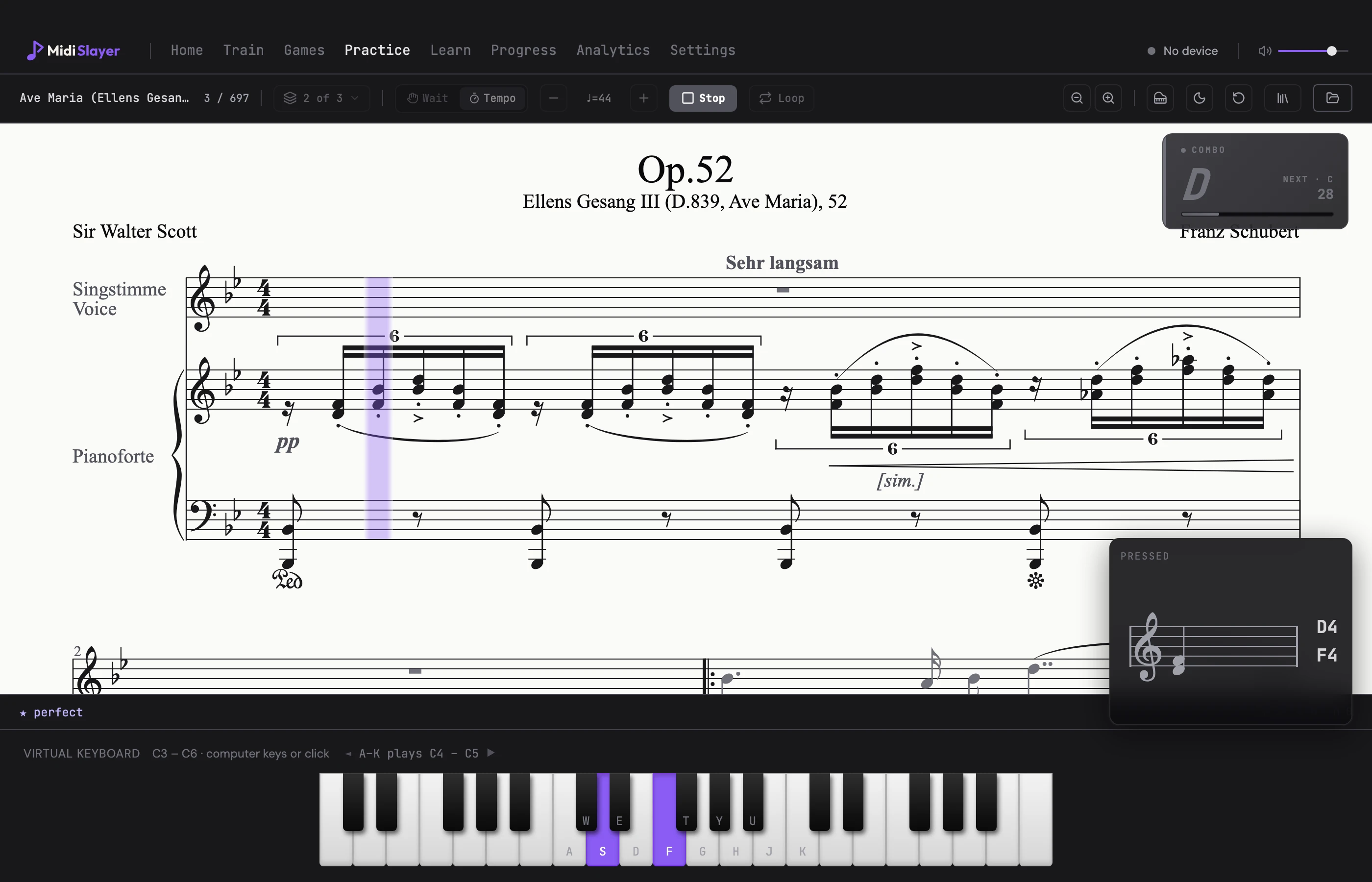 MidiSlayer tempo mode with Schubert's Ave Maria loaded from MusicXML: the score engraved on a light sheet, a beat cursor, metronome and Start controls.