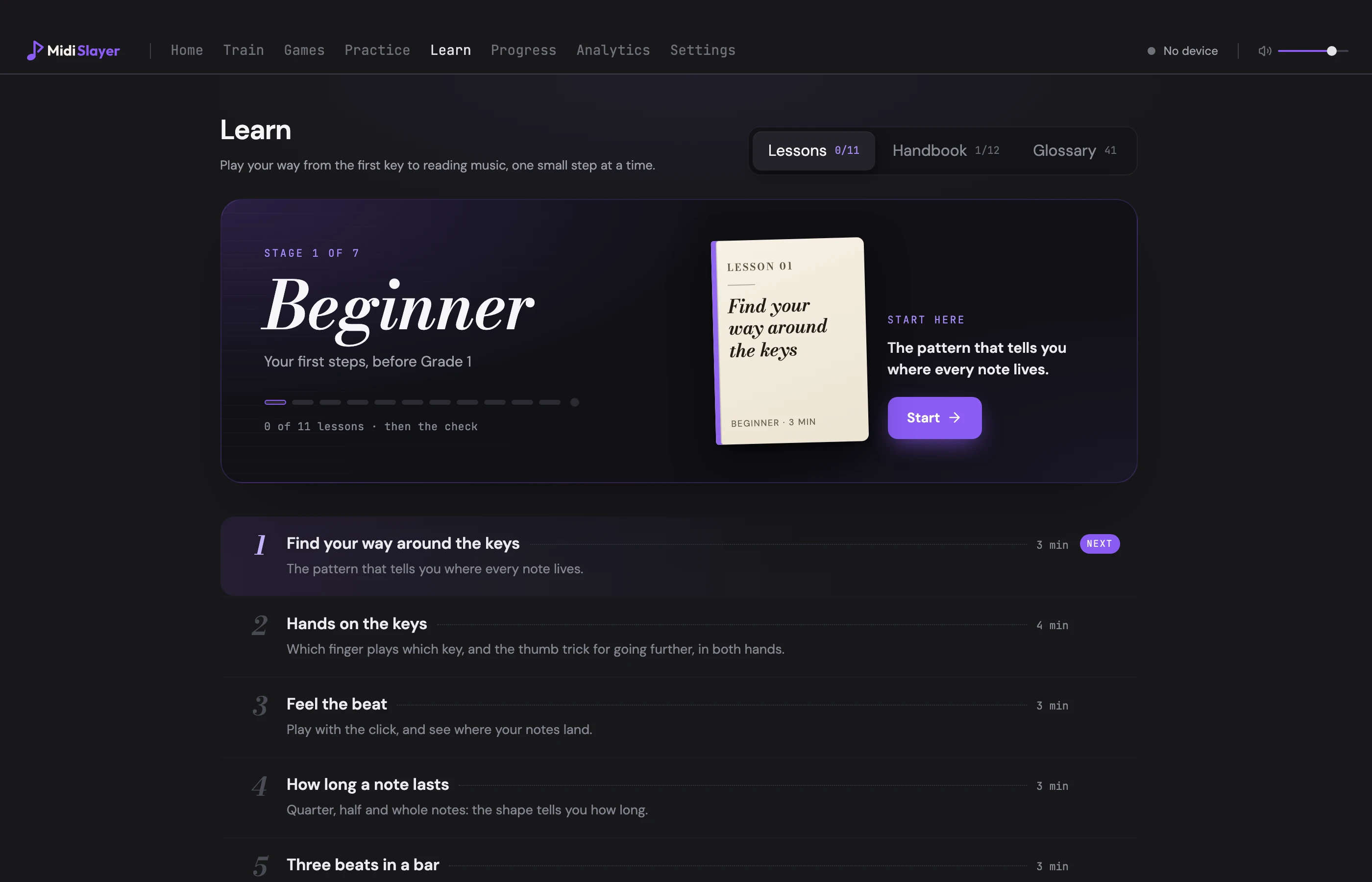 The MidiSlayer Learn screen: Stage 1 of 7, Beginner, with the first lesson card and a list of lessons from Find your way around the keys to How long a note lasts
