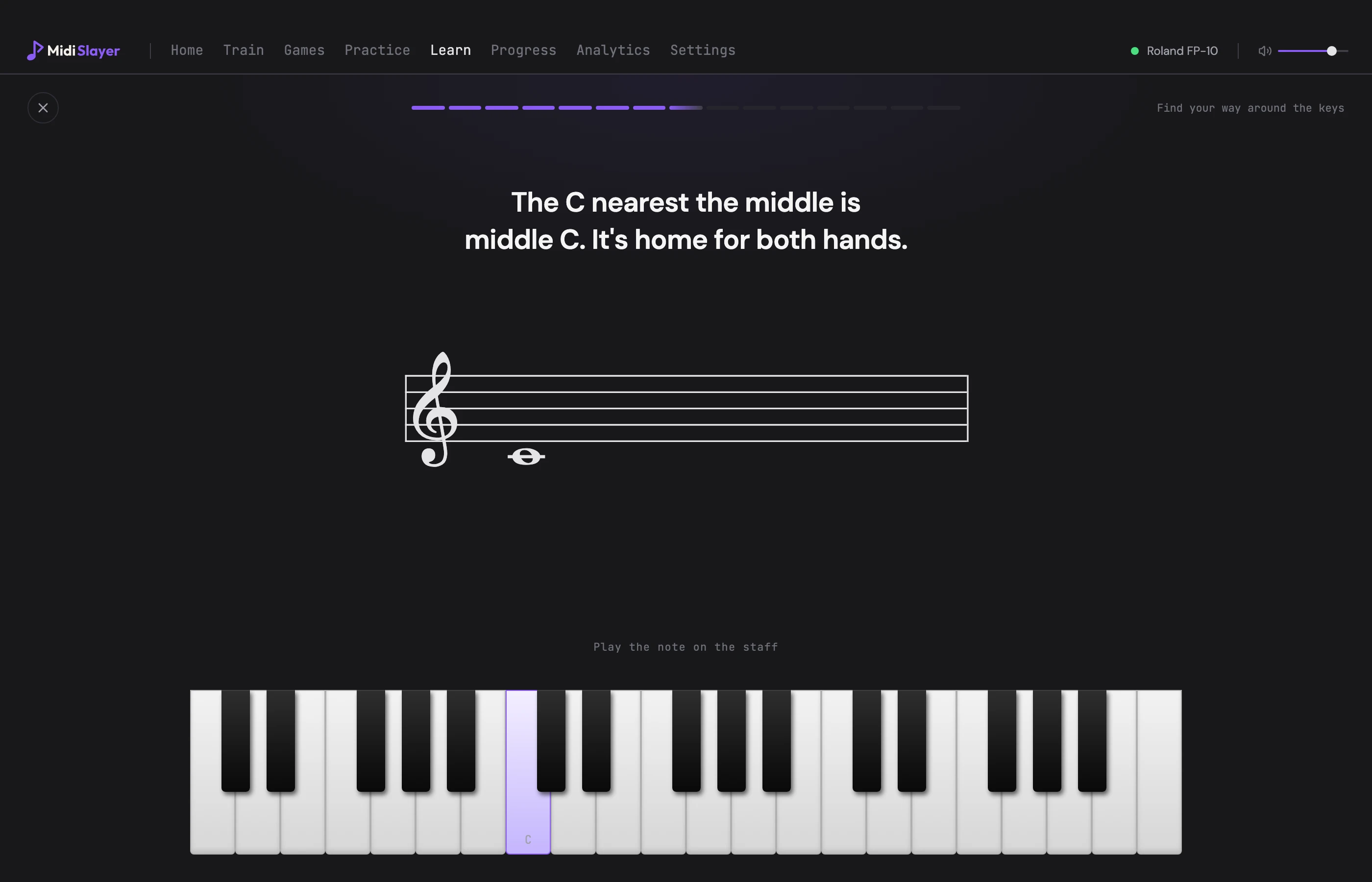 A MidiSlayer lesson showing middle C on a treble staff, with the matching key lit on the keyboard below