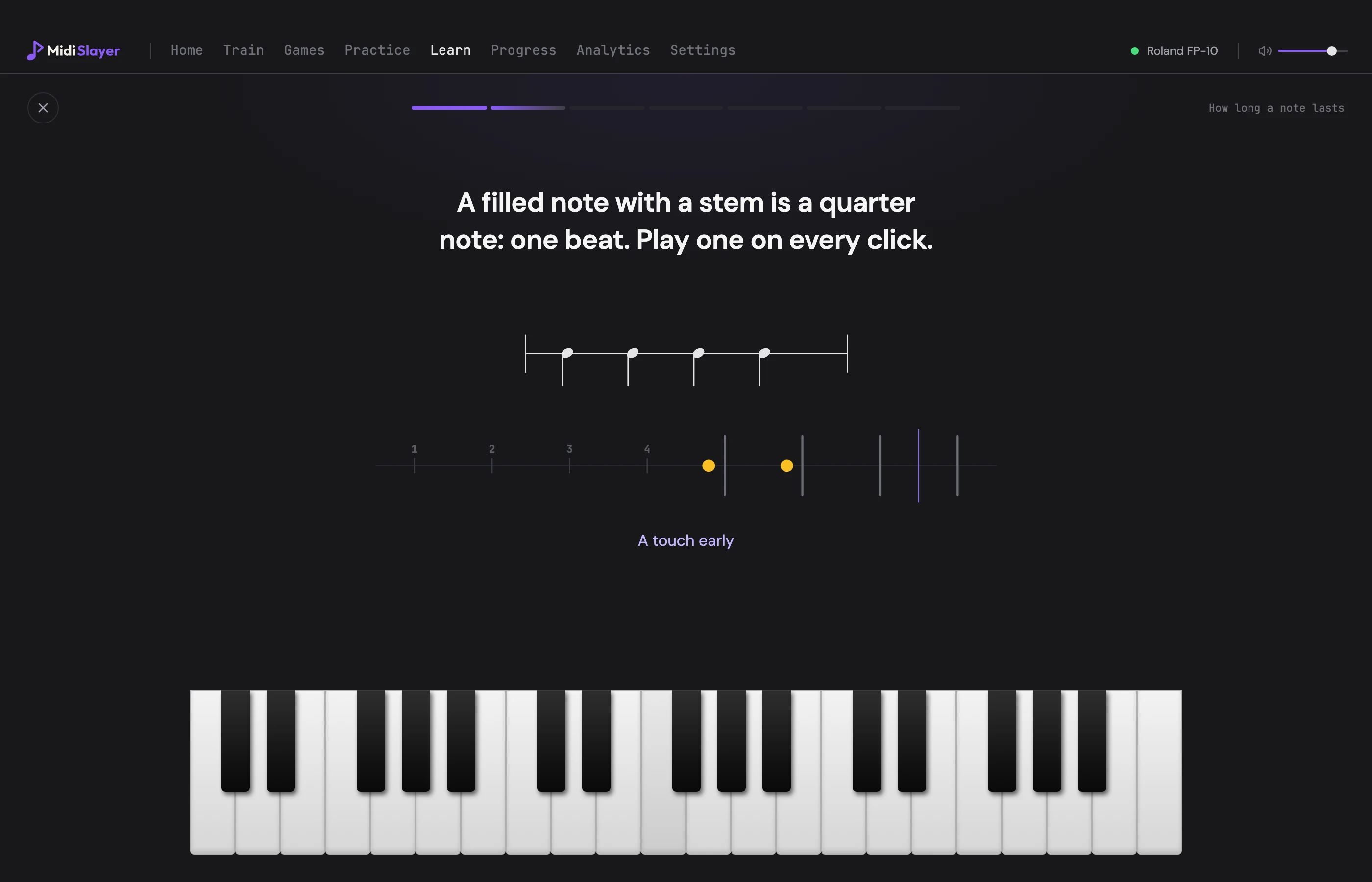 A MidiSlayer rhythm lesson: four quarter notes above a timeline, with two yellow dots marking presses that landed slightly before the beat